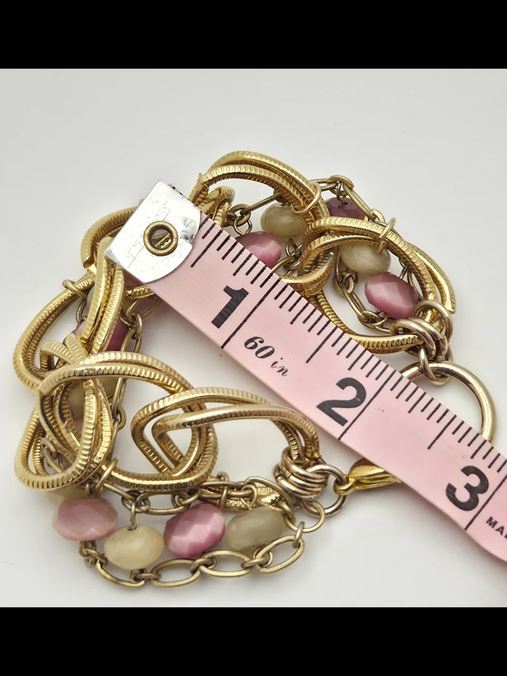 Vintage Multi-Strand Statement Bracelet Gold Tone Chunky Link Pink Cream Glass